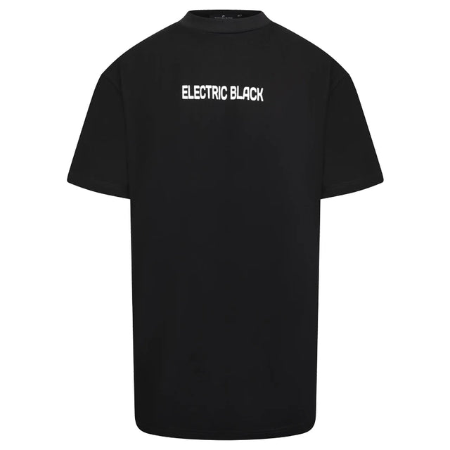 Black Electric Black t-shirt black, with a mock neck collar. 'Electric Black' is written in white