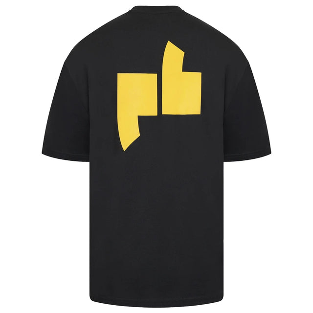 Black Electric Black t-shirt with a large yellow emblem on the back.