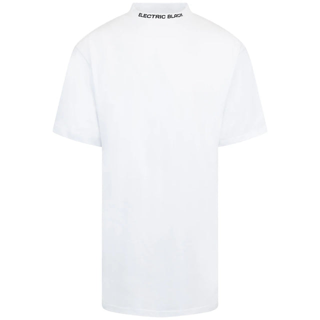 Electric Black mock t shirt white, on the collar the Electric black logo written in black