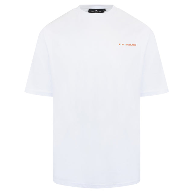 White Electric Black t-shirt with the 'Electric Black' logo written in orange.