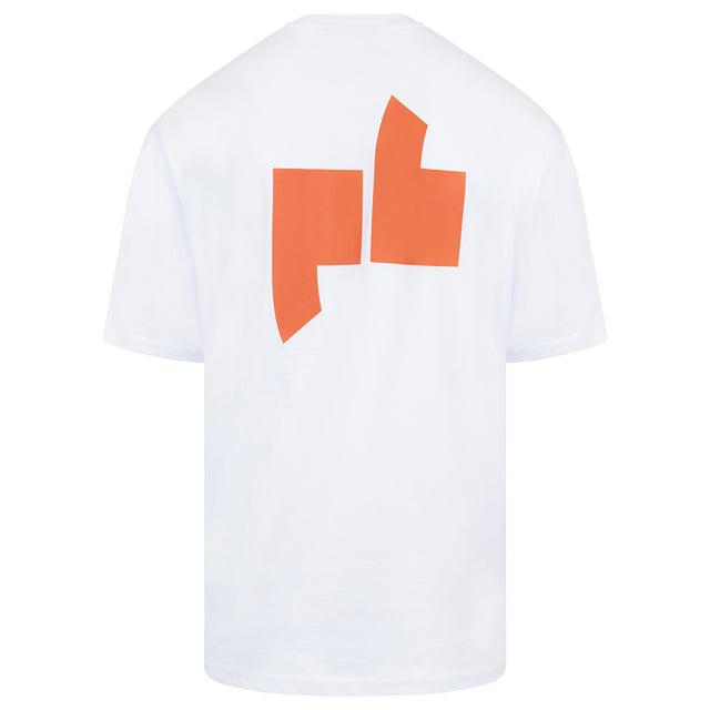 The back of the white Electric Black t-shirt with the Electric Black emblem in orange.